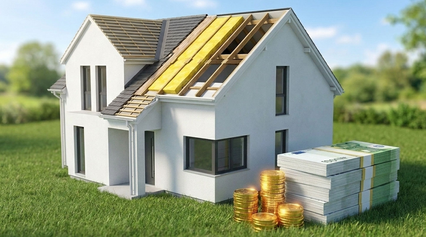 Illustration 3D isométrique d'une calculatrice entourée de symboles d'aides financières convergeant vers une maison