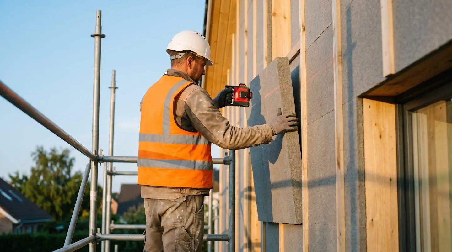 Artisan en gilet de sécurité installant des panneaux d'isolation thermique extérieure sur un échafaudage devant une maison