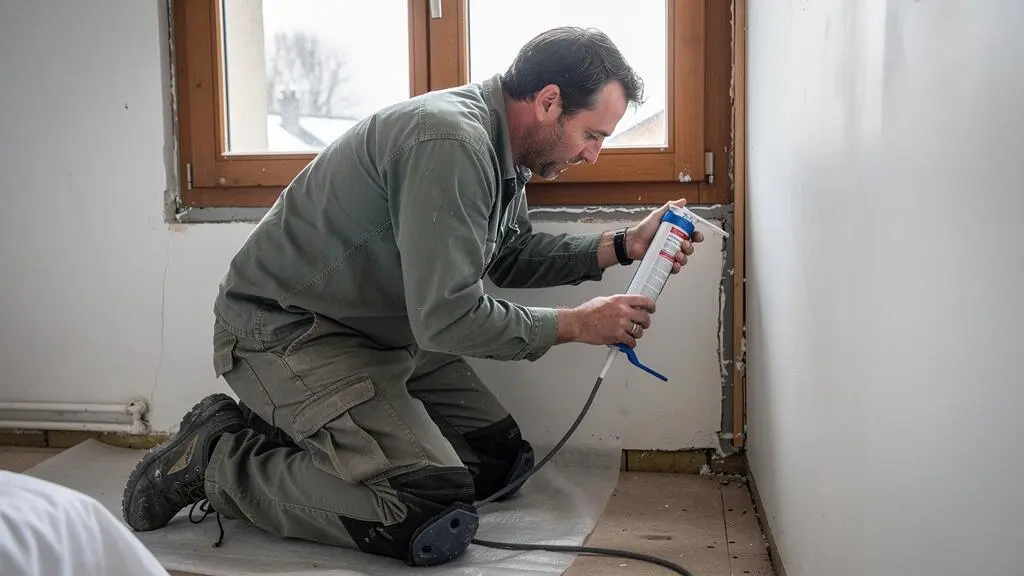 Un artisan applique du mastic sur le pourtour d'une fenêtre dans une chambre avec un pistolet à joint.
