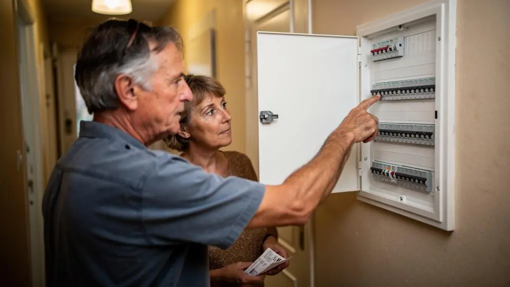 Un couple examine le tableau électrique ouvert de sa maison, l'un pointant les disjoncteurs.