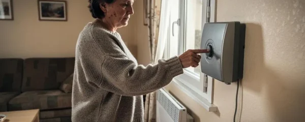Une femme règle le thermostat d'un radiateur électrique mural dans le salon d'une maison française.
