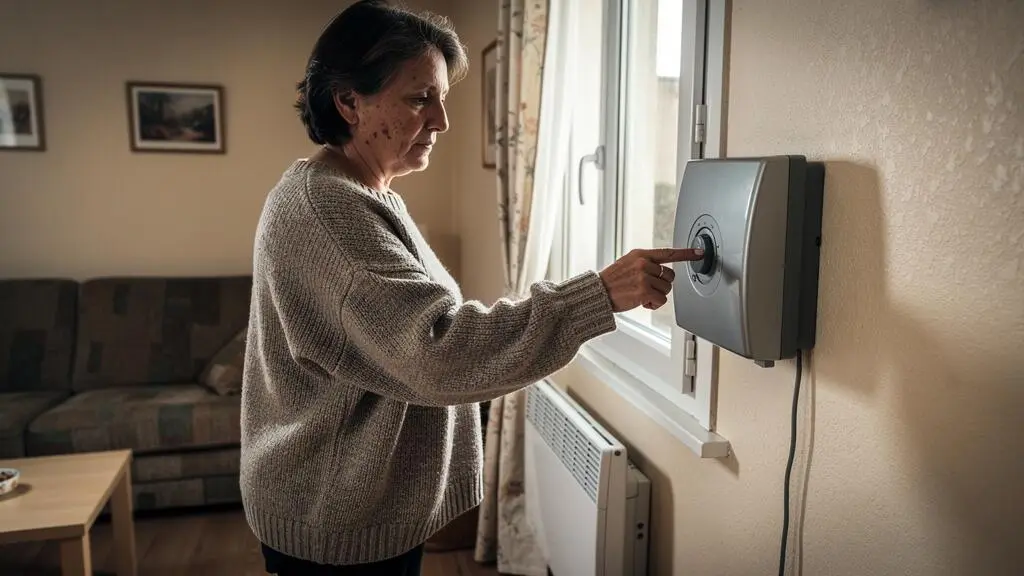 Une femme règle le thermostat d'un radiateur électrique mural dans le salon d'une maison française.