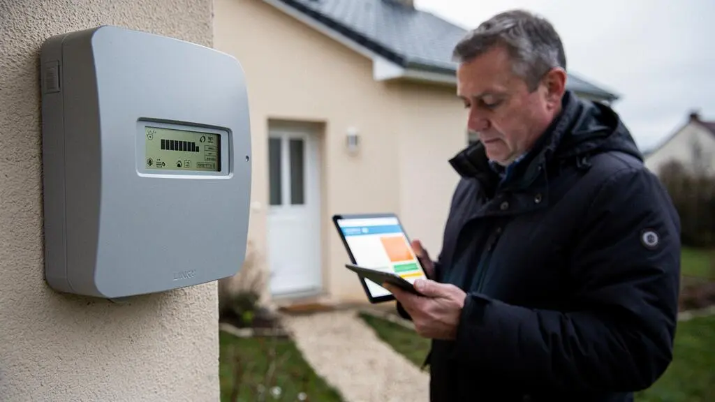 Un homme compare les données d'un compteur électrique résidentiel avec une tablette devant une maison.